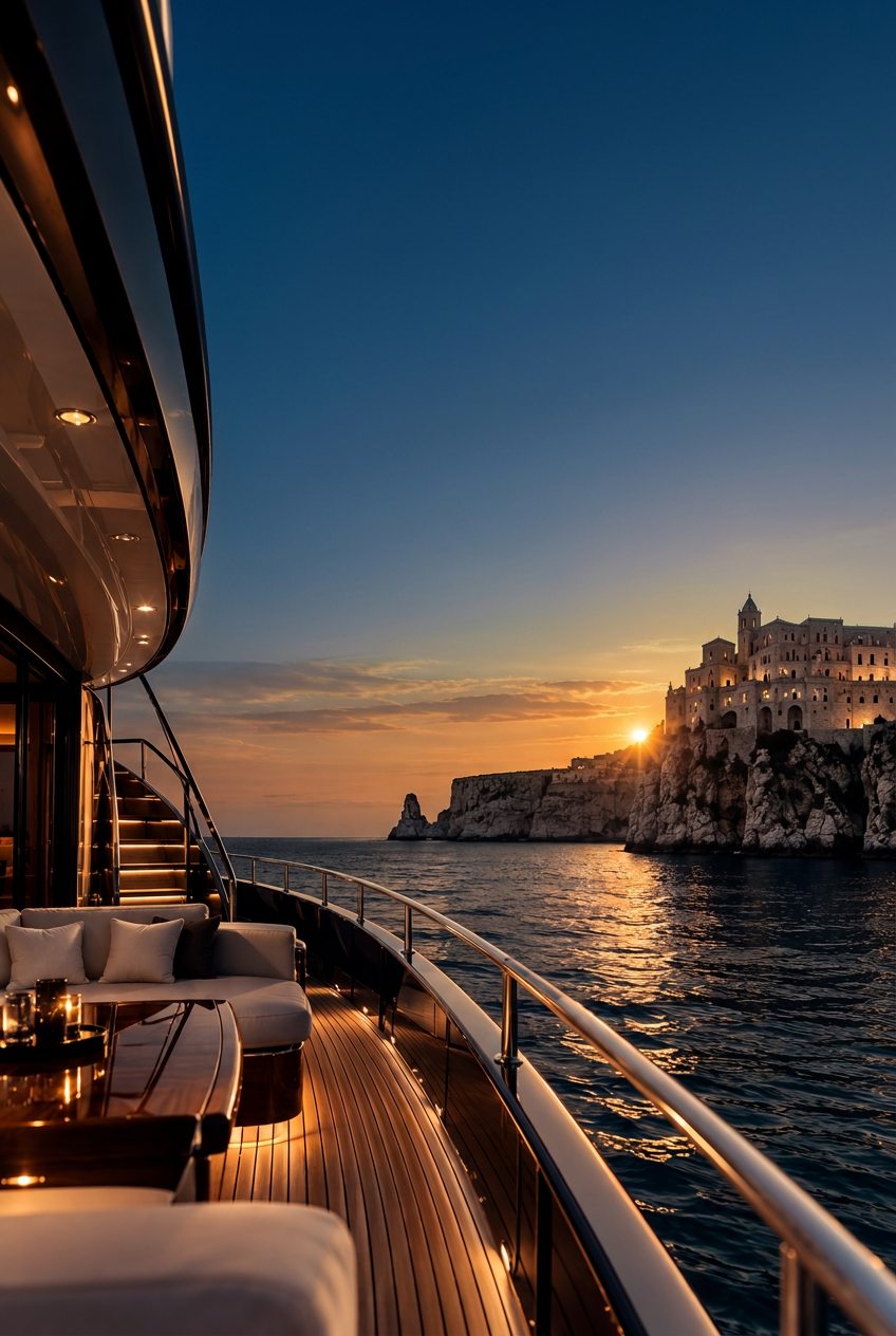 Luxury yacht deck at sunset on the Mediterranean